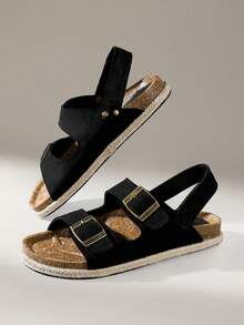 Solecia Sandalias de mujer primavera y verano nuevas con diseño de doble hebilla, punta abierta, suela plana, cómodas y ligeras, fáciles de poner, con borde tejido, color negro, estilo casual para vacaciones y playa - Negro - Ver 4