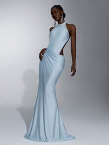 Elitara Elegant Blue Hollow Halter Neck Side Ruched Cutout Backless Bodycon Fishtail Formal Evening Gown Party Wedding Guest Spring - Baby Blue - View 5