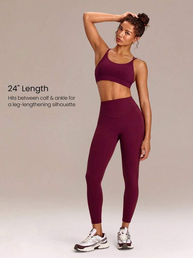 24" FeatherFit™-Sculpt Glow Lift Butt Scrunch Tummy Control Leggings With Side Pockets Medium Impact Training Running Workout Gym Fitness Wear