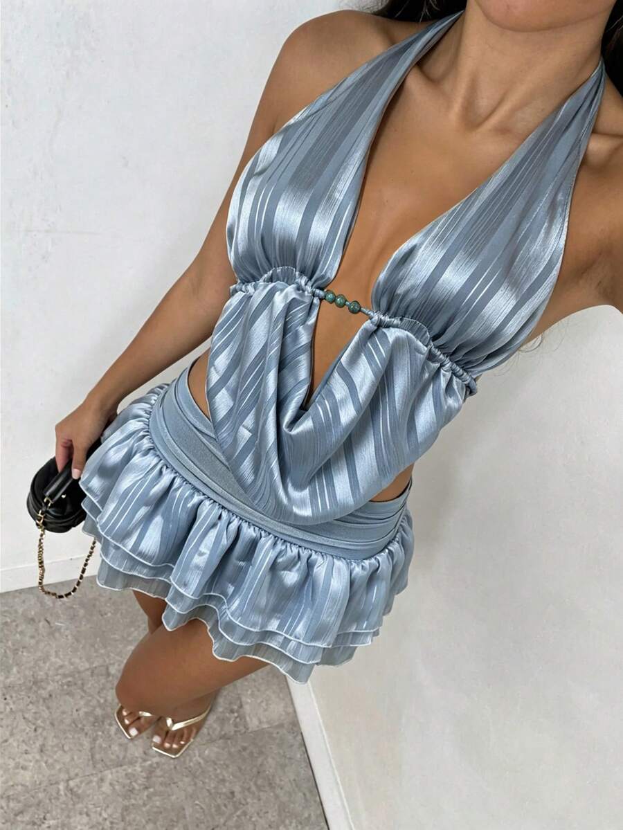 Glamine Dusty Blue Color Vertical Stripe Halter Satin Set,Waist-Cut Cropped Top + Ruffled Mini Skirt Two Pieces Outfit,Street Style Rave,Pool Party Dress - Baby Blue - View 1