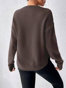 SHEIN LUNE Women's Solid Color Round Neck Drop Shoulder Long Sleeve Casual Sweater - Coffee Brown - View 2