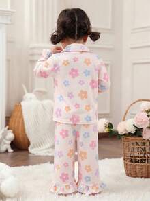 Conjunto de pijama de 2 piezas para bebé niña, dulce y sencillo, con patrón de lazo, solapa, botones, volantes, manga larga y pantalones largos, cómodo y agradable al tacto, de punto - Multicolor - Ver 2