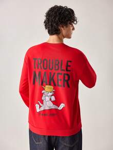 Strevion TOM & JERRY Men's Casual Commuter Tom Maker Letter Print Round Neck Long Sleeve Slim Fit Sweatshirt, Spring/Autumn - Red - View 2