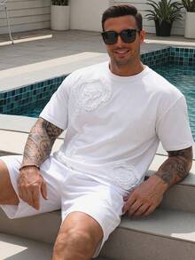 DAZY Short Pattern Embroidered White Men's Plus Size T-Shirt Summer - White - View 1