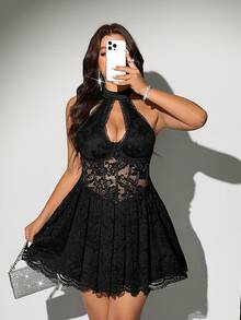 Viva Relle Plus Size Women's Spring/Summer Black Lace Sexy Avant-Garde French Casual Youthful Elegant Fashionable Chic Knit Elastic Versatile Comfortable Inner Wear Black Dress Sexy Women's Sexy Social Holiday Outfit Black Bustier Tight Women's Black Formal Dress Formal Skirt Outerwear Youthful Elegant Sexy Patchwork Sexy Women's Top Sexy Holiday Outfit Social Black Top Black Jumpsuit Black Bustier Tight High-End Transparent Off-Shoulder Slim Fit Inner Wear Solid Color - Black - View 4