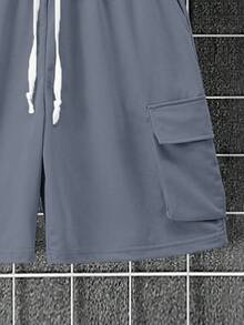 Manfinity Homme Plus Size Men's Solid Color Crew Neck Minimalist Short Sleeve T-Shirt And Drawstring Waist Cargo Shorts 2pcs Set - Dark Grey - View 4
