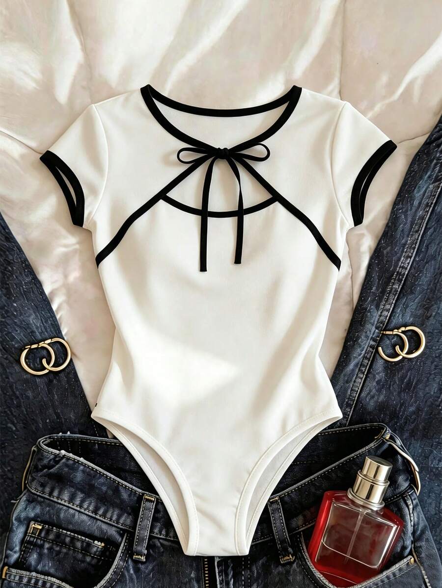 Franclia French Tie-Up Contrast Color Bodysuit, Slim Fit Undershirt - White - View 1