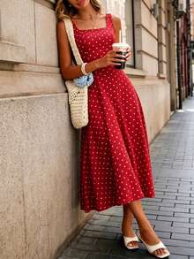 Pariaura Women's Fashion Elegant Printed Waist-Cinched Dress - Red and White - View 5