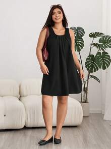 Solflare Plus Size Women's Solid Color Pleated Casual Vacation Sleeveless Dress Formal Vacation Black Summer - Black - View 5