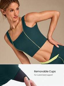 GLOWMODE FeatherFit™ On The Line Soft Stretchy Sweat-Wicking UV Protection Crossover Back Two-Tone Removable Cups Cropped Active Tank Low Impact Yoga Pilates Studio Daily Active Wear - Green - View 3