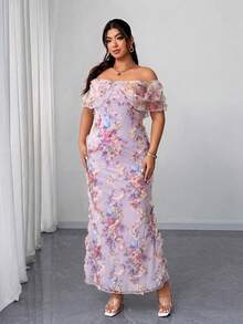Elenzga Vestido elegante y romántico para mujer de talla grande, con hombros descubiertos, volantes en la cintura, ajustado y de tela de malla con estampado floral, para primavera/otoño - Multicolor - Ver 1