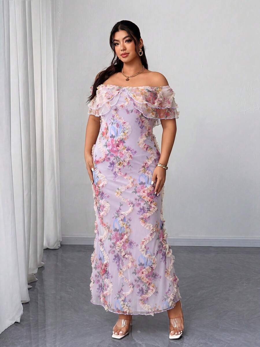 Elenzga Vestido elegante y romántico para mujer de talla grande, con hombros descubiertos, volantes en la cintura, ajustado y de tela de malla con estampado floral, para primavera/otoño - Multicolor - Ver 1