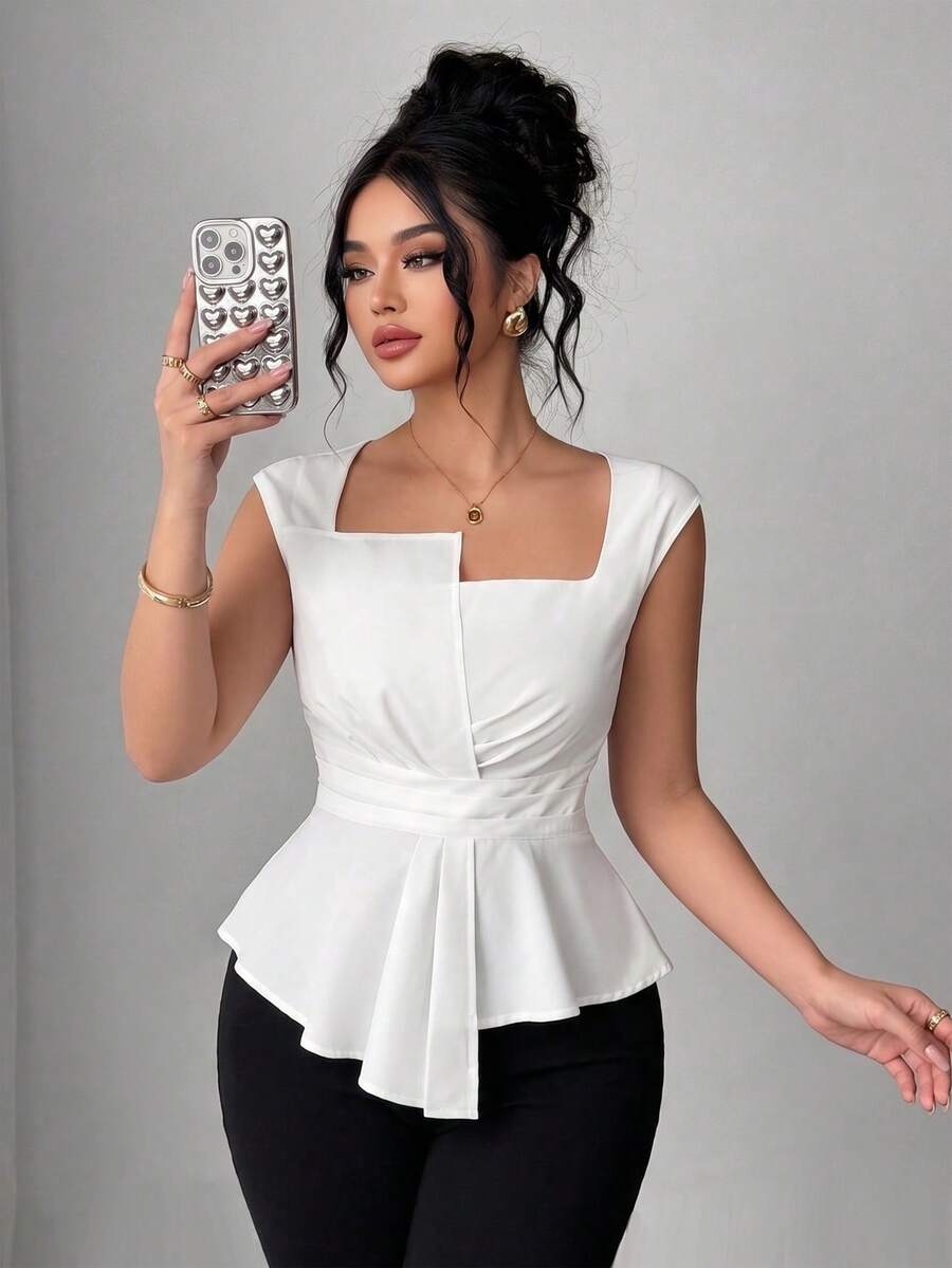 Elenzga Plus Size Women's Fashionable Solid Color Sleeveless Shirt - White - View 1