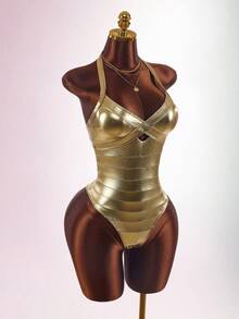 Amplova Women's One-Piece Swimsuit Gold Faux Bandage Style Sexy Avant-Garde Suitable For Vacation Wear Bathing Suits For Women - Gold - View 5