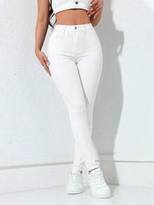 Jeanoix Minimalist Solid Color Slim Fit Zipper Fly Denim Jeans - White - View 3