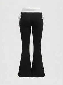 ROMWE Grunge Punk Versatile Black Drawstring Women's Flare Long Pants - Black and White - View 2