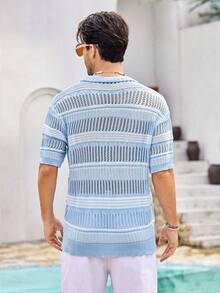 Mercer Haus YONGC Men's Fashionable Lightweight Hollow Striped Knit Polo Shirt, Breathable Short Sleeve Versatile Knit Top, Casual & Comfortable Wear For Men In Spring/Summer - Baby Blue - View 3