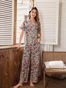 Serenescape Floral Print Lapel Short Sleeve Long Pants Pajama Set - Multicolor - View 3