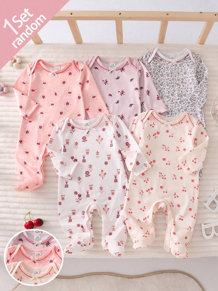 [Random 5 Sets, 2 Sets Sent] Newborn 0-12 Months Home Jumpsuit, Forest Style Ditsy Floral With Chain Craft Contrast Color, Fresh Style, Long Sleeve Footed, Open Crotch Snap Design, Easy To Put On And Take Off, Home Leisure, Daily Outings, Spring And Summer, All Seasons - Multicolor - View 1