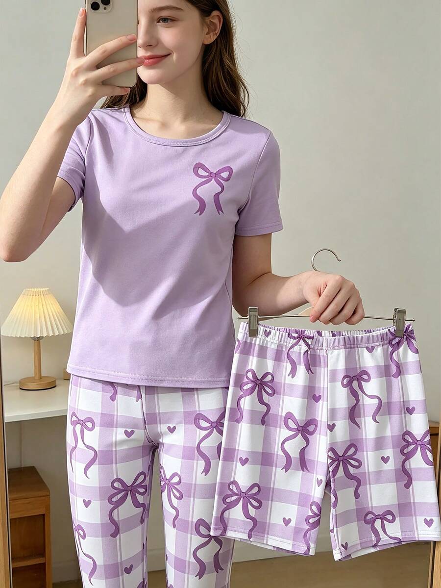Girls' Sweet Cute Elegant Casual Daily Minimalist Fashion Soft Skin-Friendly Knit High-Stretch Tight Fabric Purple Bow Plaid Heart Cartoon Print Pattern Round Neck Short Sleeve Top With Shorts And Long Pants Pajama Set 3-Piece Loungewear Set - Purple - View 1
