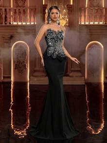 Glamrae Elegante y lujoso vestido de sirena de punto elástico con patchwork de bordado floral, cuentas de burbuja y lentejuelas, adecuado para boda, fiesta, despedida de soltera, vacaciones, baile de graduación, vestido de noche (estilo de mano de obra pesada) - Negro - Ver 8