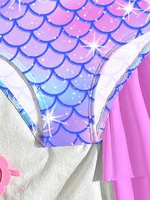 SHEIN 少女魚鱗印花細肩帶連身泳衣附裙，適合海邊度假、泳池派對、海灘派對 - 彩色 - 查看 4