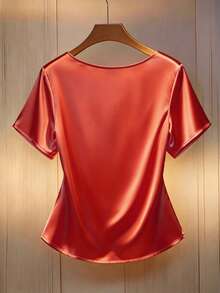 GlowEve CURVE Plus Size Women's Asymmetric Neckline Tie Bow Short-Sleeved Top With A Glossy Finish, Elegant And Going-Out Style, Perfect For Business Casual Summer Women's Outfits. - Orange - View 2