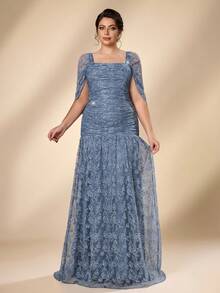 Serin Plus Size Elegant Luxurious Blue Stretch Sequin Lace Embroidered Sleeve Cape Mermaid A-Line Evening Gown For Wedding Bachelorette Party Vacation Prom - Blue - View 6