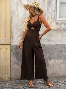 Brillora Women's Solid Color Twist Knot Hollow Out Jumpsuit For Vacation And Casual Wear Vacation Dark Brown Summer - Brown - View 2