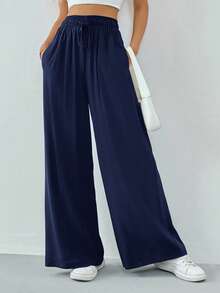 SHEIN Tall 女款春夏休閒純色抽繩寬腿褲，適合高個女性 - 藏蓝色 - 查看 6