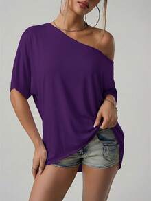 SHEIN ICON American Street Casual Style Asymmetrical Shoulder Loose Fit T-Shirt Solid Black - Purple - View 6