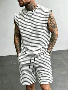 Manfinity Homme Men's Striped Versatile Crew Neck Tank Top And Pocket Drawstring Waist Casual Shorts Set - Multicolor - View 4