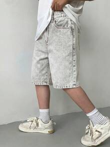 青少年男孩寬鬆舒適淺灰色牛仔短褲，適合日常穿著與返校季夏季休閒 - 淺灰色 - 查看 7