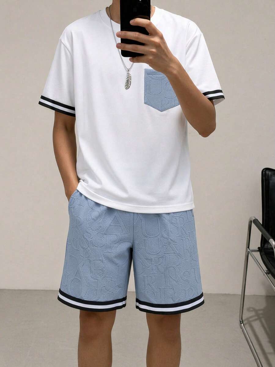 SHEIN Vacaura 2件套青少年男童夏季撞色字母拼接圆领短袖T恤和户外休闲时尚3D字母运动短裤 - 藍色 - 查看 1