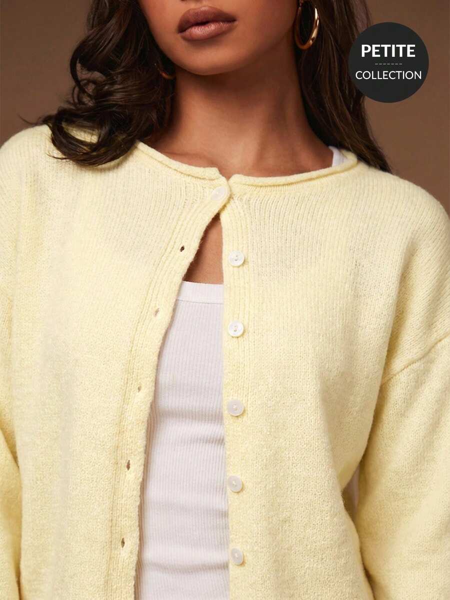 Athîral Petite Women's Petite Solid Color Off-Shoulder Long Sleeve Single-Breasted Casual Knit Cardigan, Suitable For Dating And Gatherings Office Pale Yellow Autumn - Yellow - View 1