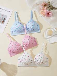 Teen Girl Bow Heart Pattern Print Bra - Multicolor - View 3