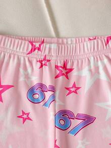 SHEIN 2件組女童幼兒可愛卡通恐龍印花貼身圓領T恤與緊身短褲休閒居家服 - 粉色 - 查看 5