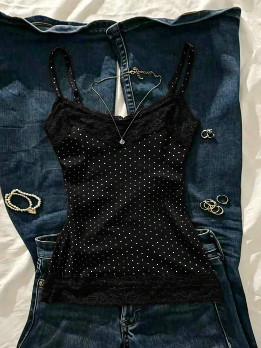 INAWLY Summer Slim Fit Polka Dot Contrast Lace Camisole - Black - View 1