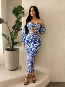 SHEIN SXY 藍白波西米亞度假海灘露肩印花洋裝 - 藍白色 - 查看 5