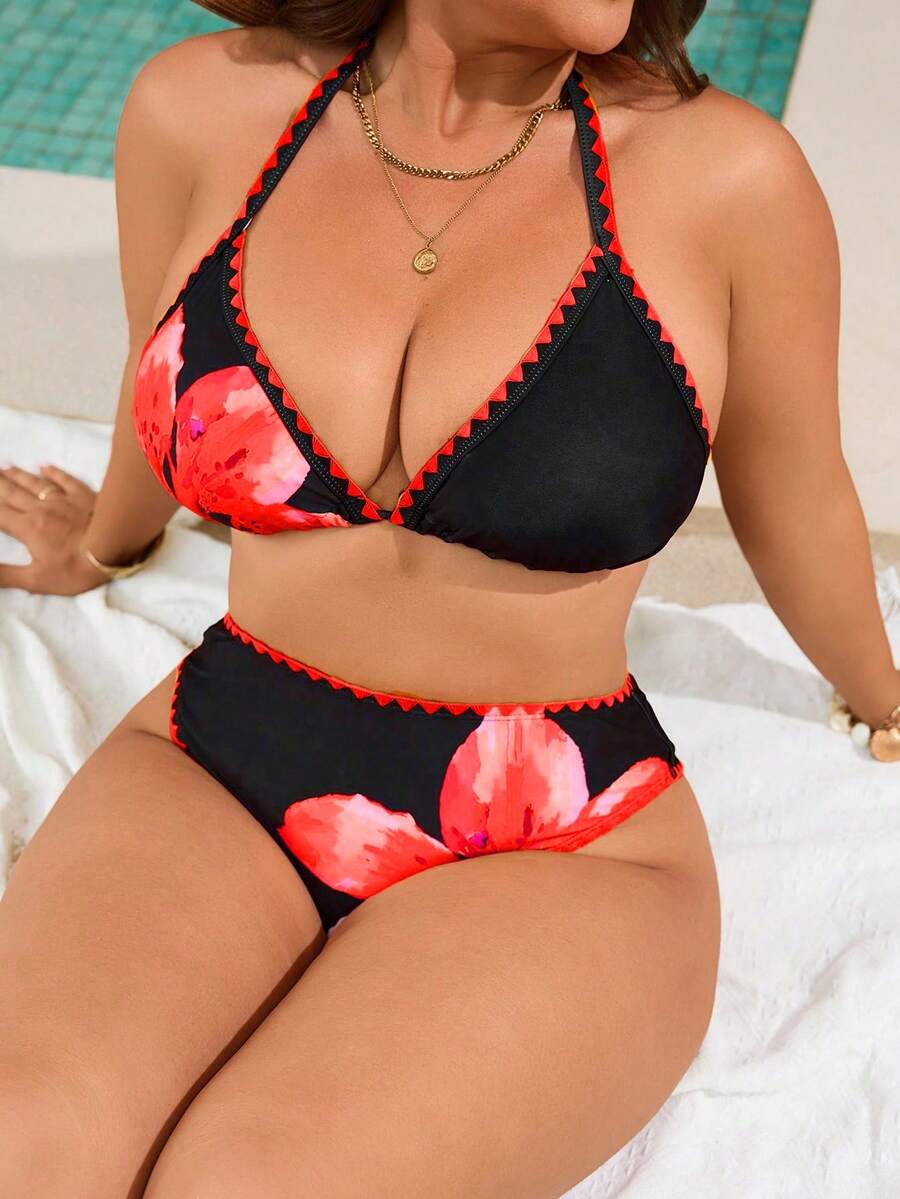 Swim Vcay Plus Size Women's Simple Daily Summer Floral Print Halter Bikini Set Set - Multicolor - View 1