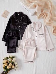 Girls' Solid Color Satin Long Sleeve Top And Long Pants 2 Pieces Loungewear Set, Spring/Autumn - Multicolor - View 3