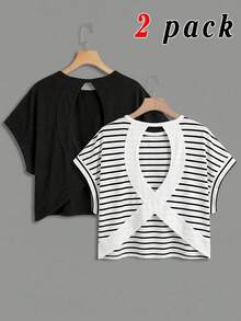 Tween Girl Spring/Summer 2-Piece Casual Fashion Back Cross Open Back Contrast Line Design Round Neck Shoulder-Sleeve Loose Silhouette T-Shirt, Back To School, Mommy And Me Matching Outfits - Black and White - View 1