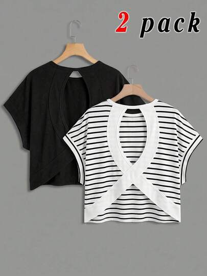 SHEIN 青少年女孩春夏季 2 件組休閒時尚背部交叉露背對比線條設計圓領肩袖寬鬆版型 T 恤，返校季，親子套裝