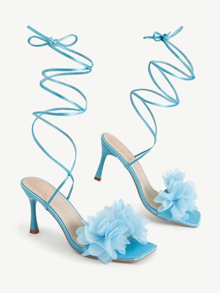 CUCCOO CHICEST Women Shoes Spring Summer Satin Mesh Three-Dimensional Flower Decor Buckle Strap Open-Toed Thick Heel Sandals, Dating Party Commuter Banquet Wedding