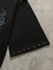 ROMWE MEN Kaos Pria Lengan 3/4 dengan Hiasan Rivet dan Motif Cetak - Hitam - View 6
