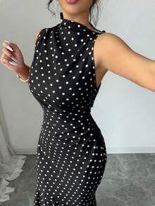 Rafferiza Women's Red Polka Dot Waist-Cinched Slimming Bodycon Mermaid Dress - Black - View 5