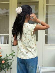 Serisse Women's Embroidered Hollow Floral Round Neck Ruffle Sleeve Short Sleeve T-Shirt - Yellow - View 2