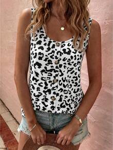 EMERY ROSE New Women's Fashion Leopard Print Round Neck Button Vest - Multicolor - View 3