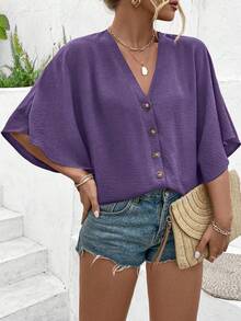 Ceyna Women's Plus Size Elegant Solid Color Textured Jacquard Fabric V-Neck Cap Sleeve Button Decor Beach Vacation Shirt 2025 Spring/Summer New Versatile - Purple - View 1