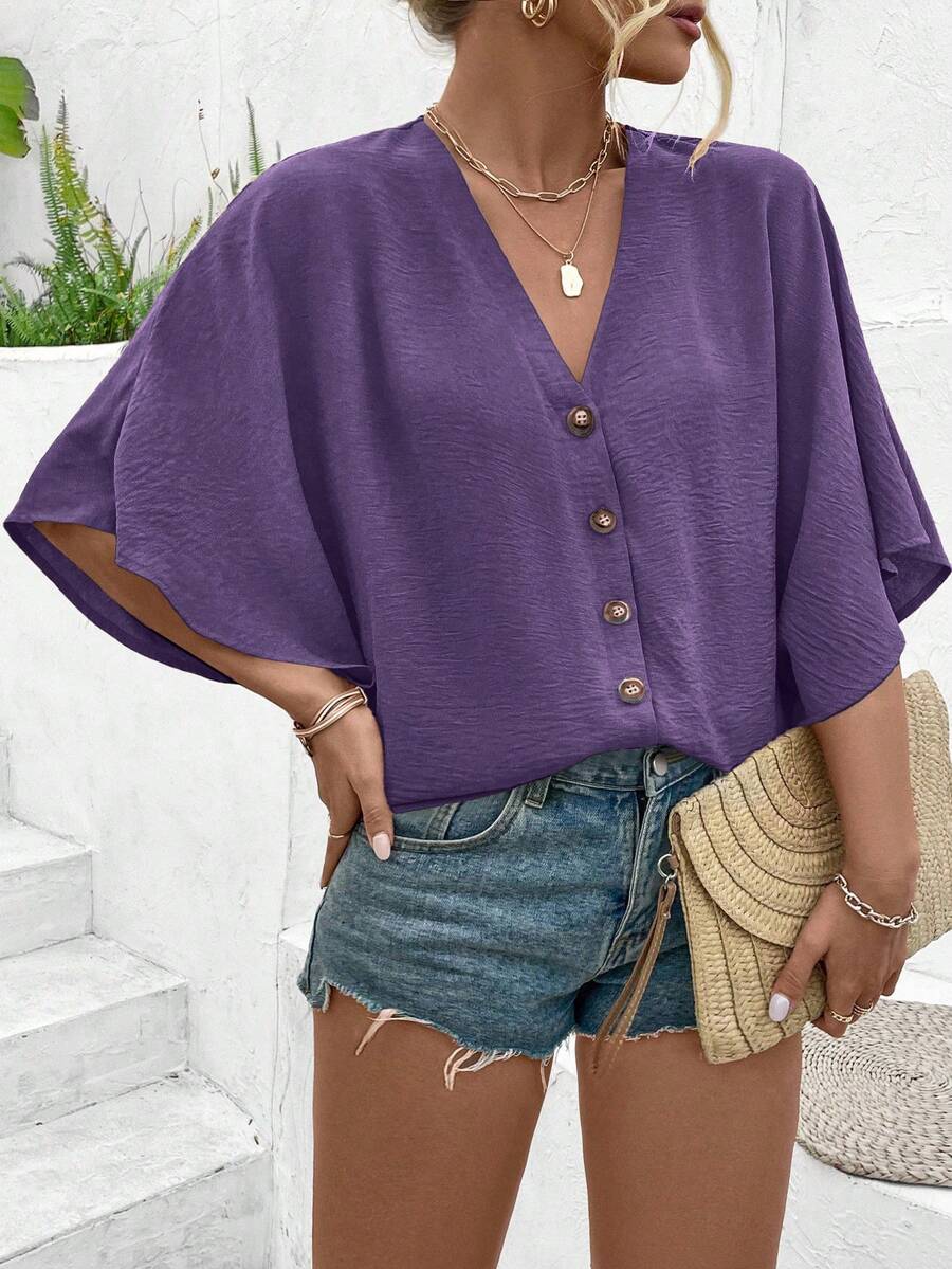 Ceyna Women's Plus Size Elegant Solid Color Textured Jacquard Fabric V-Neck Cap Sleeve Button Decor Beach Vacation Shirt 2025 Spring/Summer New Versatile - Purple - View 1